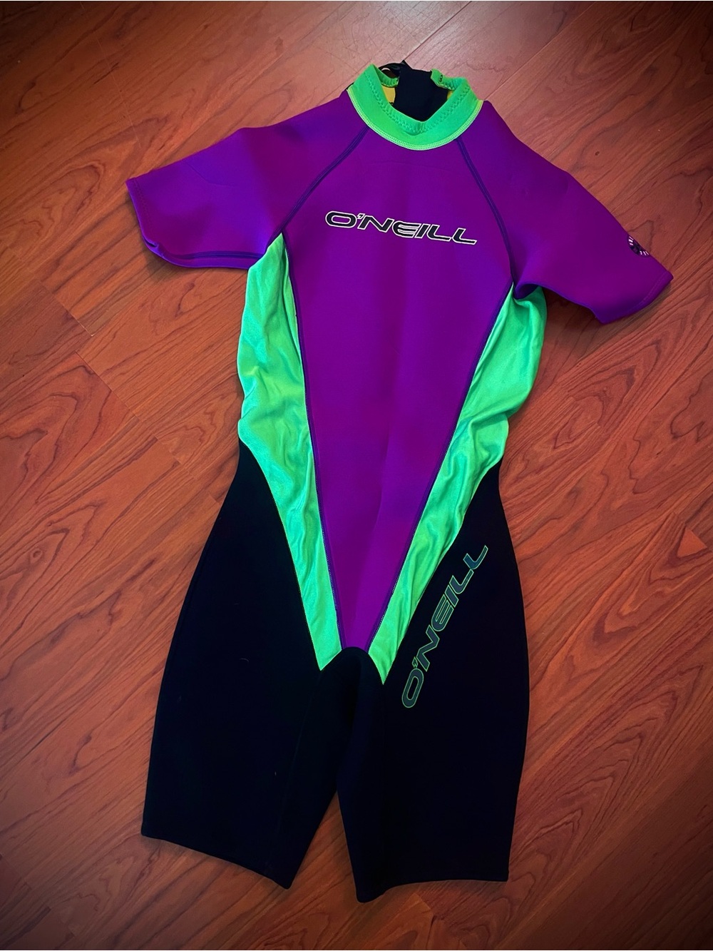 Vintage 90s O'Neill Wetsuit Shorty Springsuit Surf Neon Green Purple Women’s 6 - Picture 2 of 12